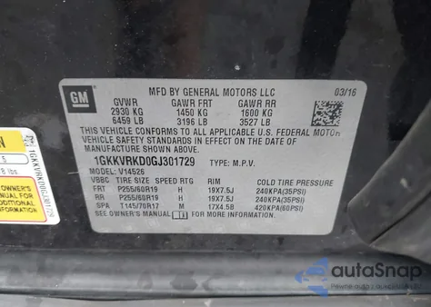 2016 GMC Acadia Slt-1 z USA, uszkodzony, nr VIN 1GKKVRKD0GJ301729